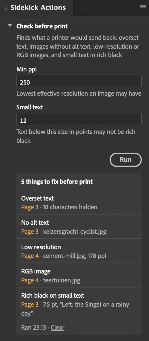 The Sidekick Actions panel in InDesign with the action Check before print, its two settings and a report of five problems, each with the page it is on