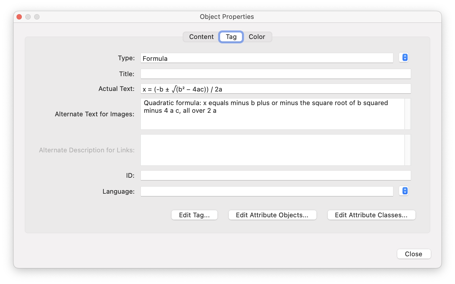 Acrobat's Object Properties dialog showing a Formula tag whose Actual Text is the quadratic formula and whose Alternate Text is the spoken form
