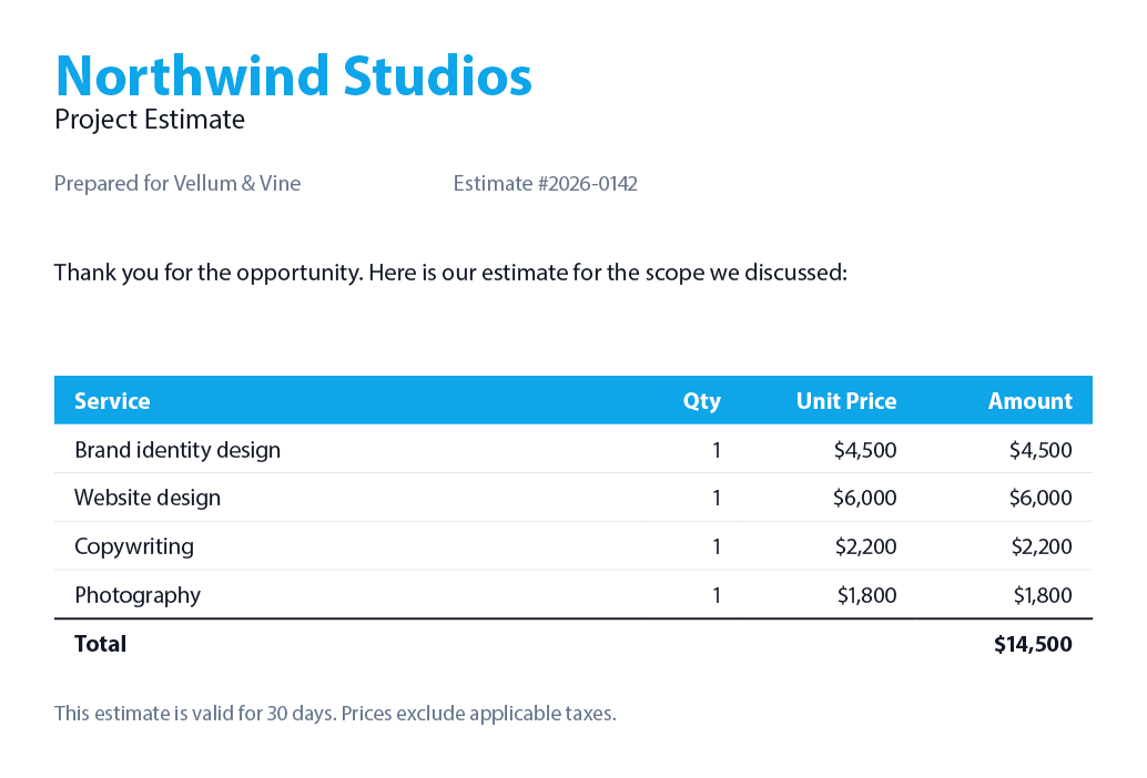 An InDesign proposal from Northwind Studios with a four-row pricing table totalling $14,500