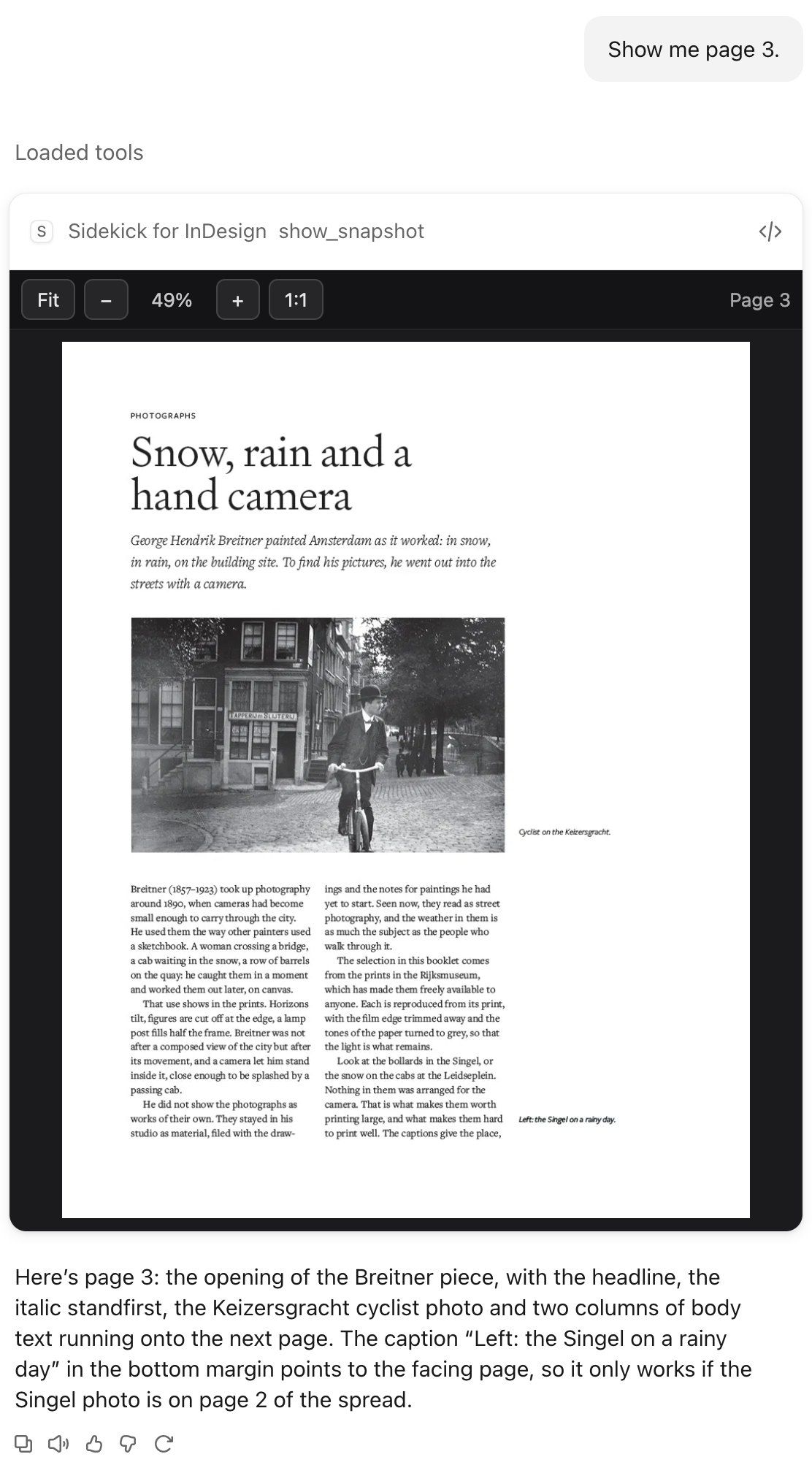 You type “Show me page 3.”, and Claude shows page 3 in a viewer in the chat, with buttons to zoom, and below it points out a caption that refers to a photo on another page