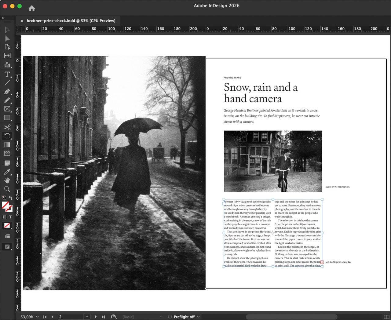 InDesign after clicking the Overset text row: page 3 is in view and the essay frame with the hidden text is selected