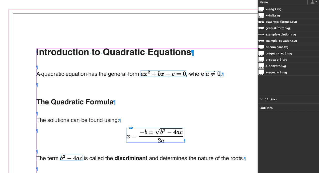 Mathematical formulas in InDesign showing inline and display equations with proper baseline alignment
