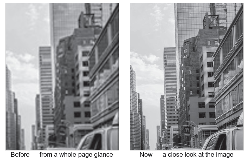 A detail from one of the photographs in the example document, shown twice: on the left as it appeared in the old whole-page snapshot, soft and blurred; on the right captured closely now, with the building windows and signage sharp and legible.