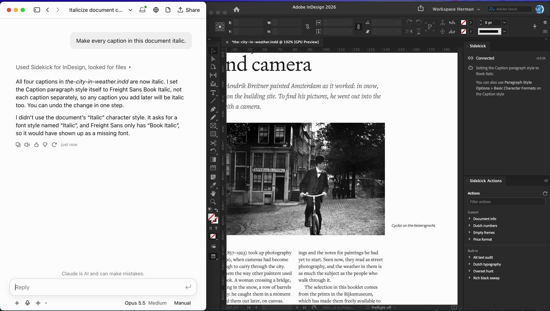 Claude on the left of the screen, InDesign on the right with the Sidekick panel