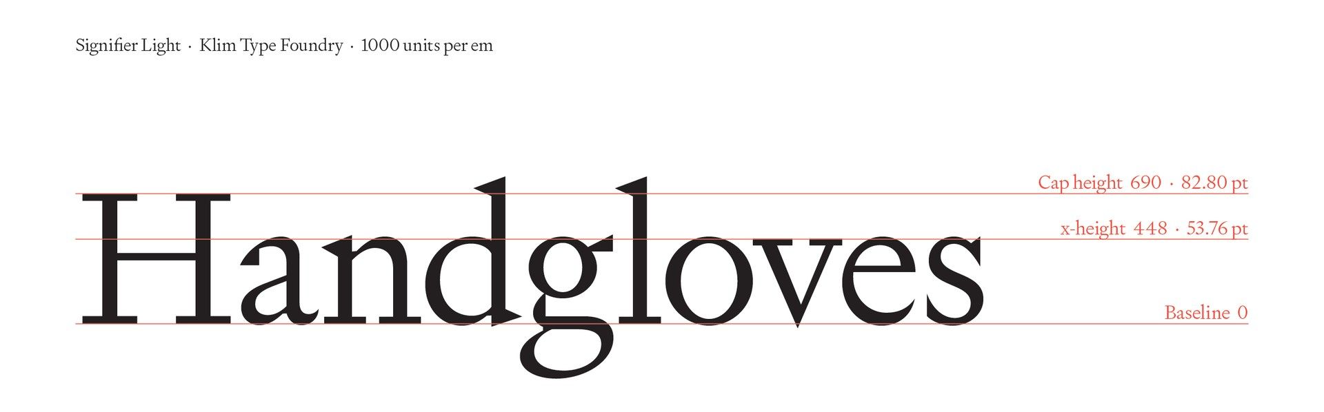 “Handgloves” in Signifier Light, with red lines at the cap height, x-height and baseline, each labelled with its value from the font