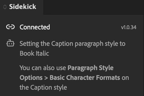 The Sidekick panel: setting the Caption paragraph style to Book Italic, and where to do the same in Paragraph Style Options