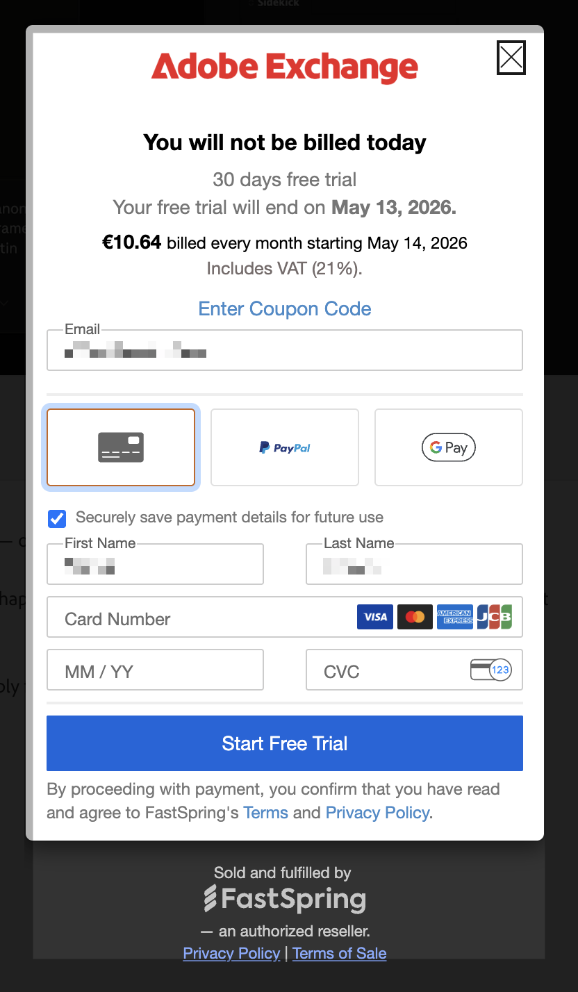 The Adobe Exchange checkout dialog, powered by FastSpring