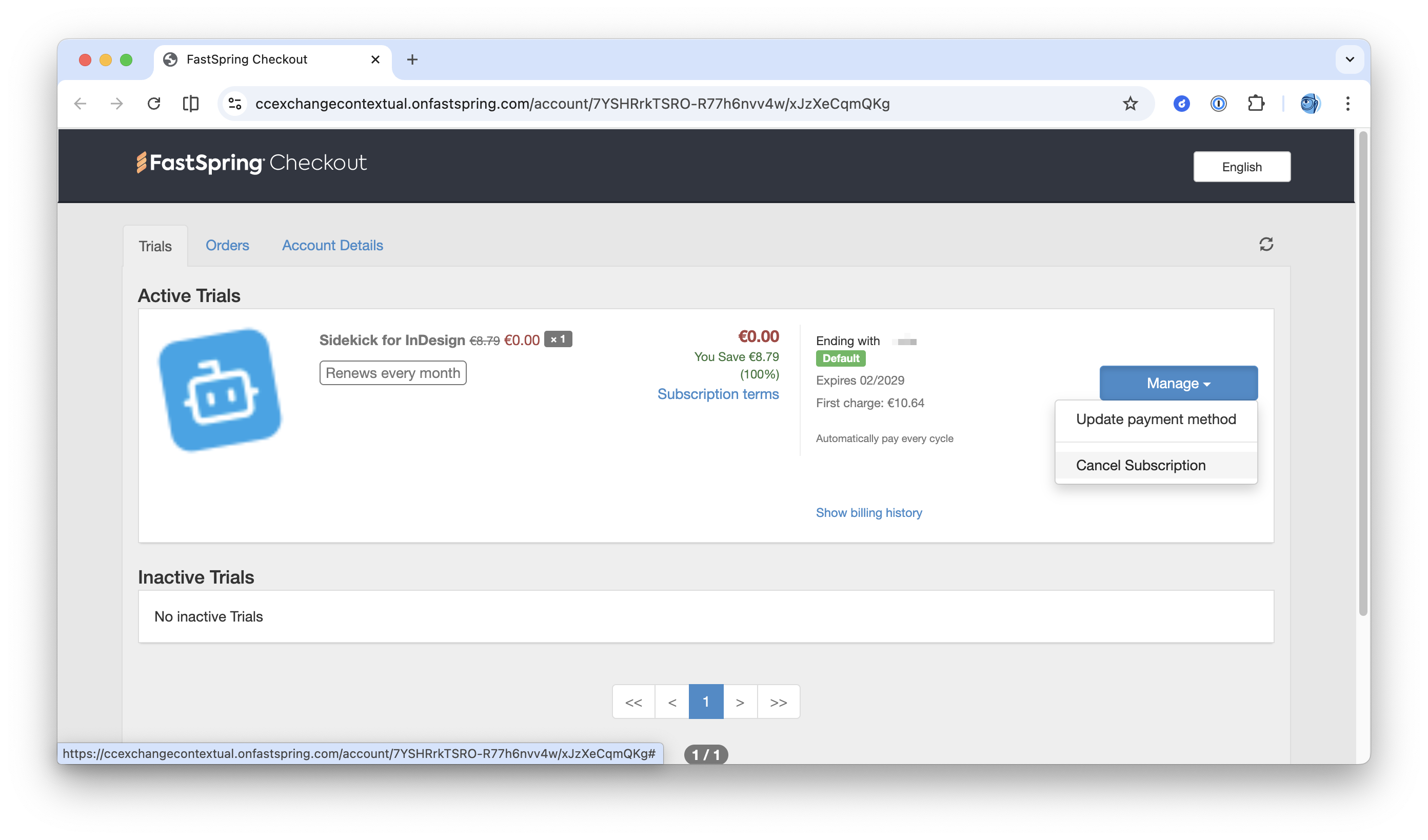 The FastSpring portal showing the Manage dropdown with Cancel Subscription option