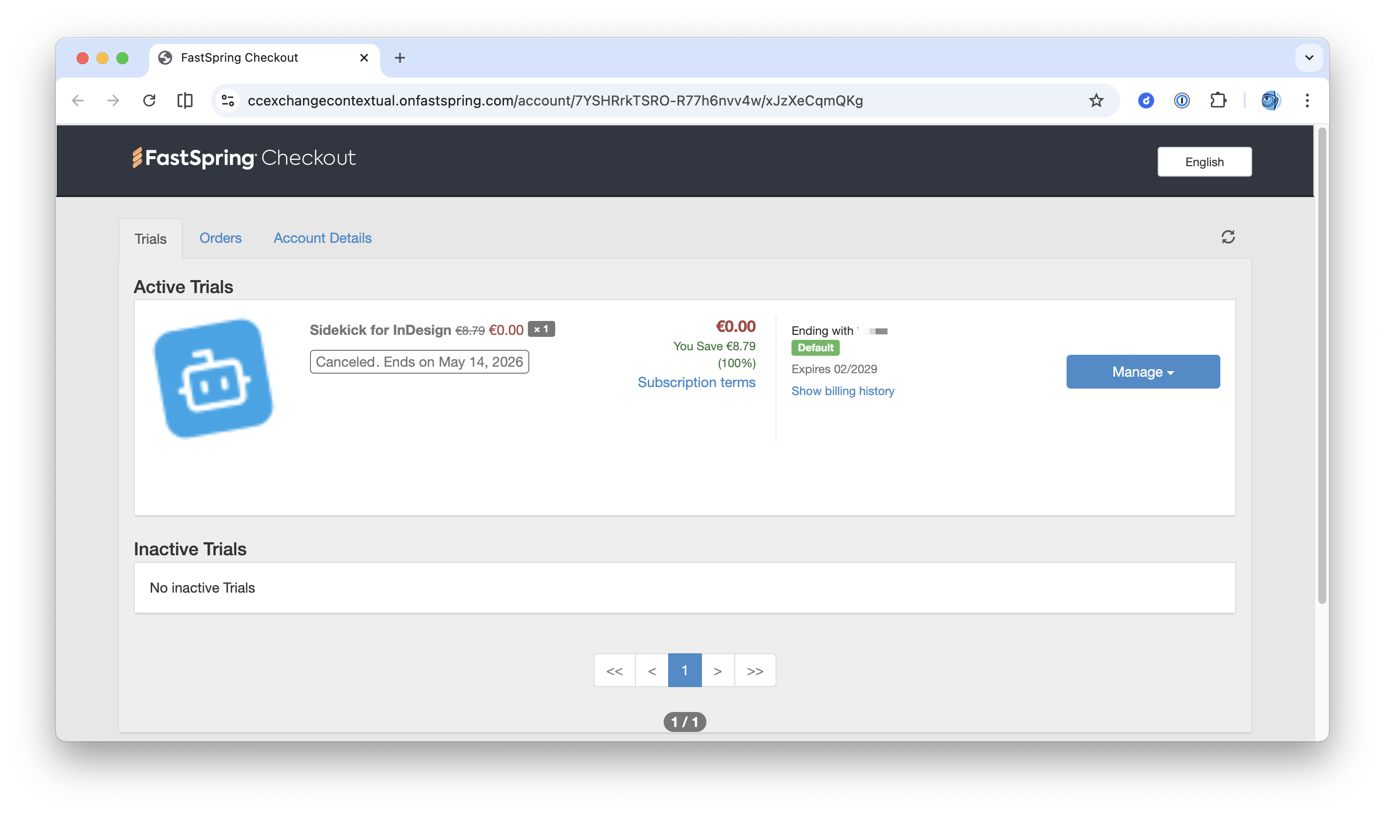 The FastSpring portal showing the subscription as cancelled
