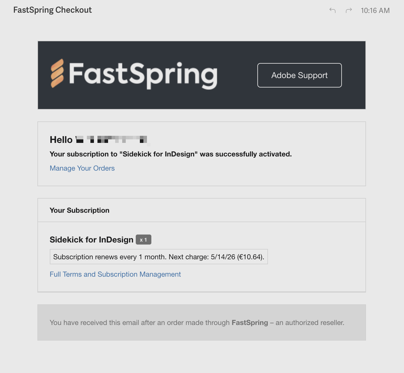 The FastSpring confirmation email