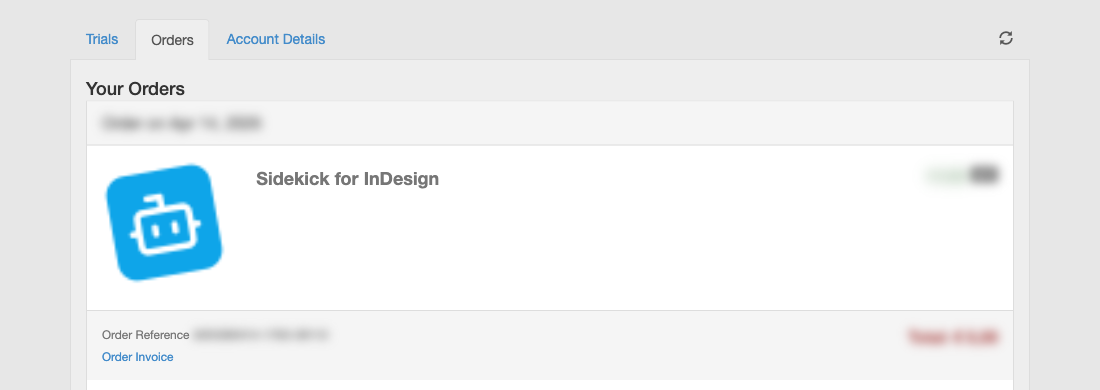 The Orders tab in FastSpring's account page, with the Order Invoice link under a Sidekick for InDesign order
